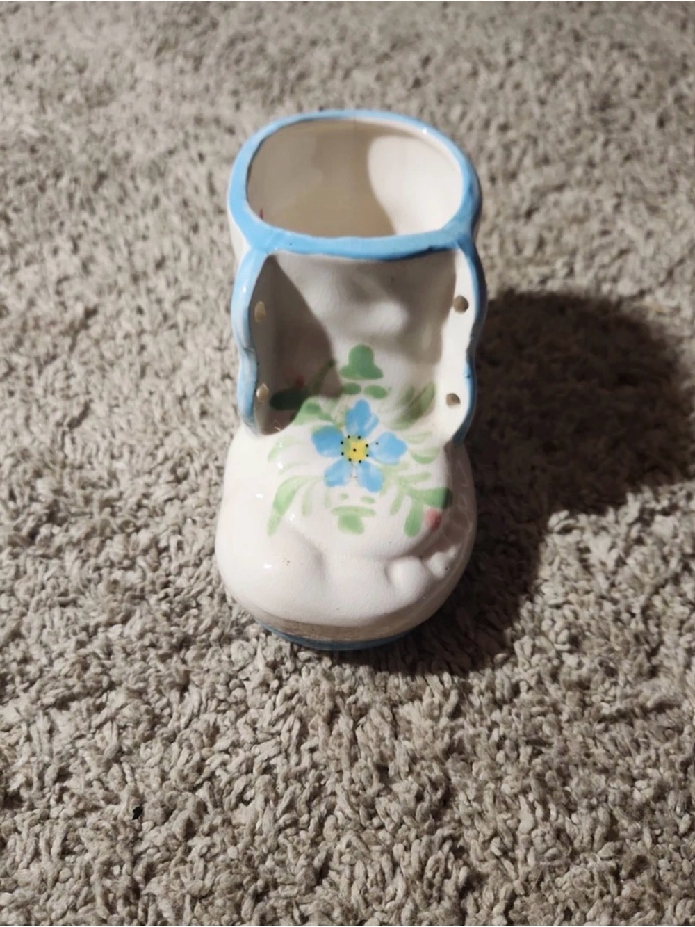 Vintage Ceramic Baby Shoe Planter Hand Painted Blue Floral Forget Me Not...